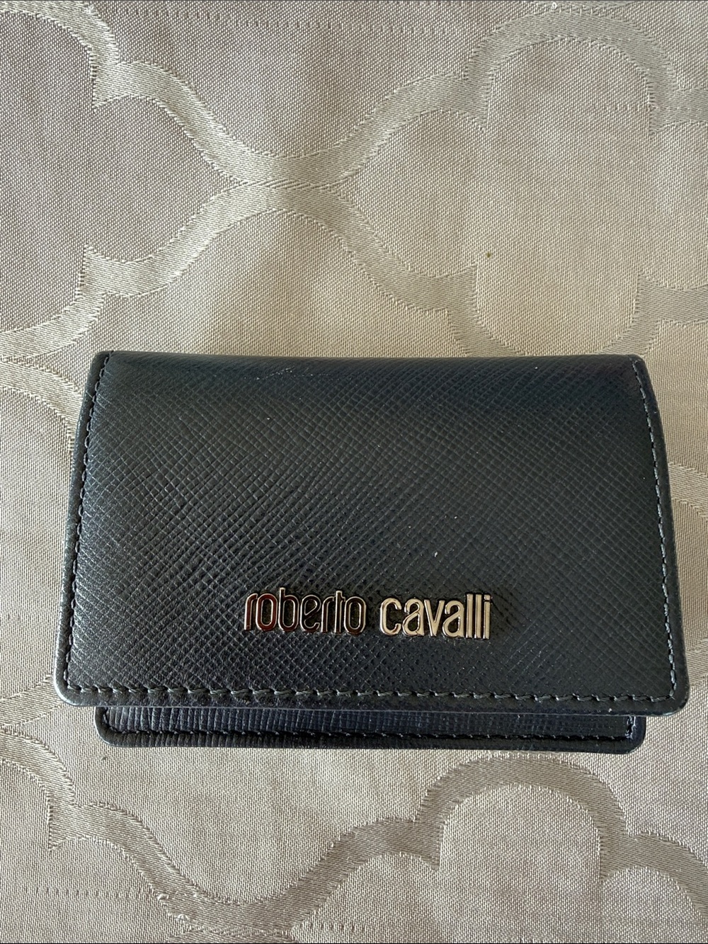 Roberto Cavalli Black Leather Card & Key Holder with Logo Hardware